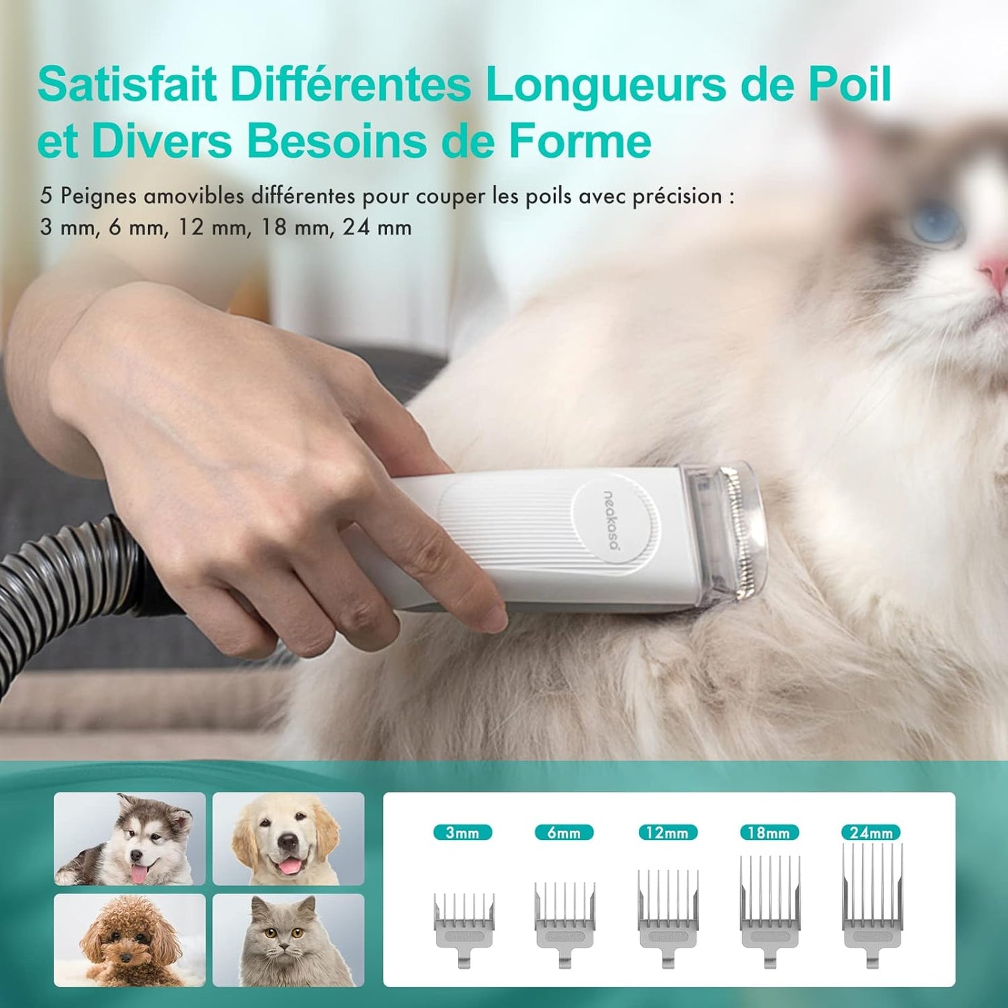 Ensemble de Tondeuses pour Chiens 5-en-1 avec Système d'Aspiration par Aspirateur, Kit OEM, Nouveauté 2022 pour Chiens, Chats et Autres Animaux