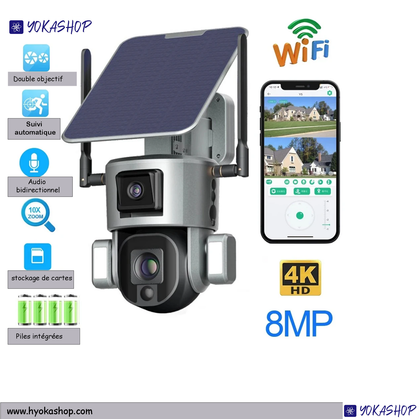 Caméra de Surveillance Wifi PTZ Solaire avec Audio Bidirectionnel, Vidéo en 6MM, Zoom 10X, Double Objectif 8MP, Caméra CCTV IP de Réseau de Sécurité