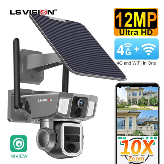 Caméra de Surveillance Solaire 2K Sans Fil (Wifi + carte Sim 4G) CCTV avec Détection de Mouvement Extérieure, Double Lentille 360°, Audio, Vision Nocturne, Wifi et Carte SIM 4G