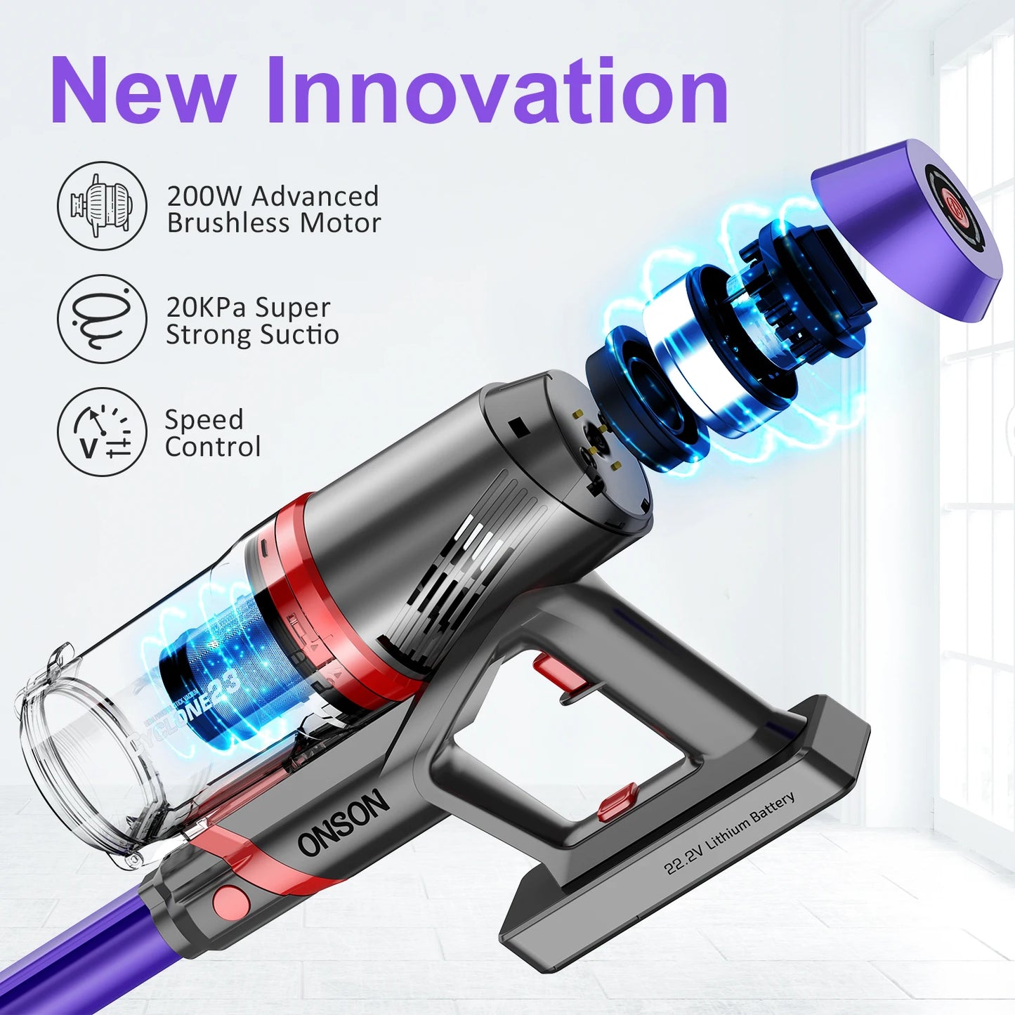 ONSON EV-696 Pro: Cordless Vacuum Cleaner with Telescopic Rod, Brushless with Powerful Suction of 20Kpa and 3 Speeds Rechargeable