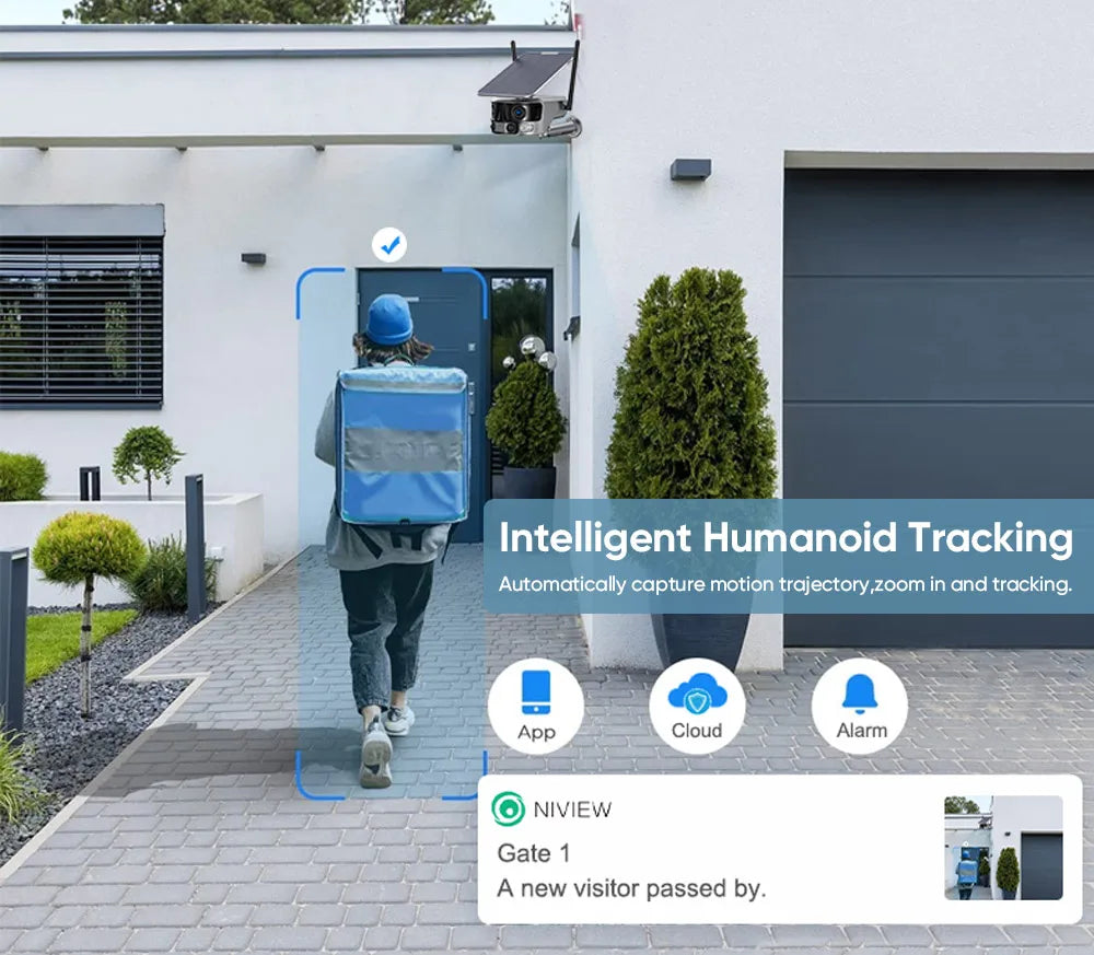 Caméra Solaire Extérieure de Sécurité sans Fil 8MP IP avec Double Objectif 4G, Résolution 4K, Alimentée par Batterie, Lumière d'Inondation, Sirène d'Alarme et Panneau Solaire