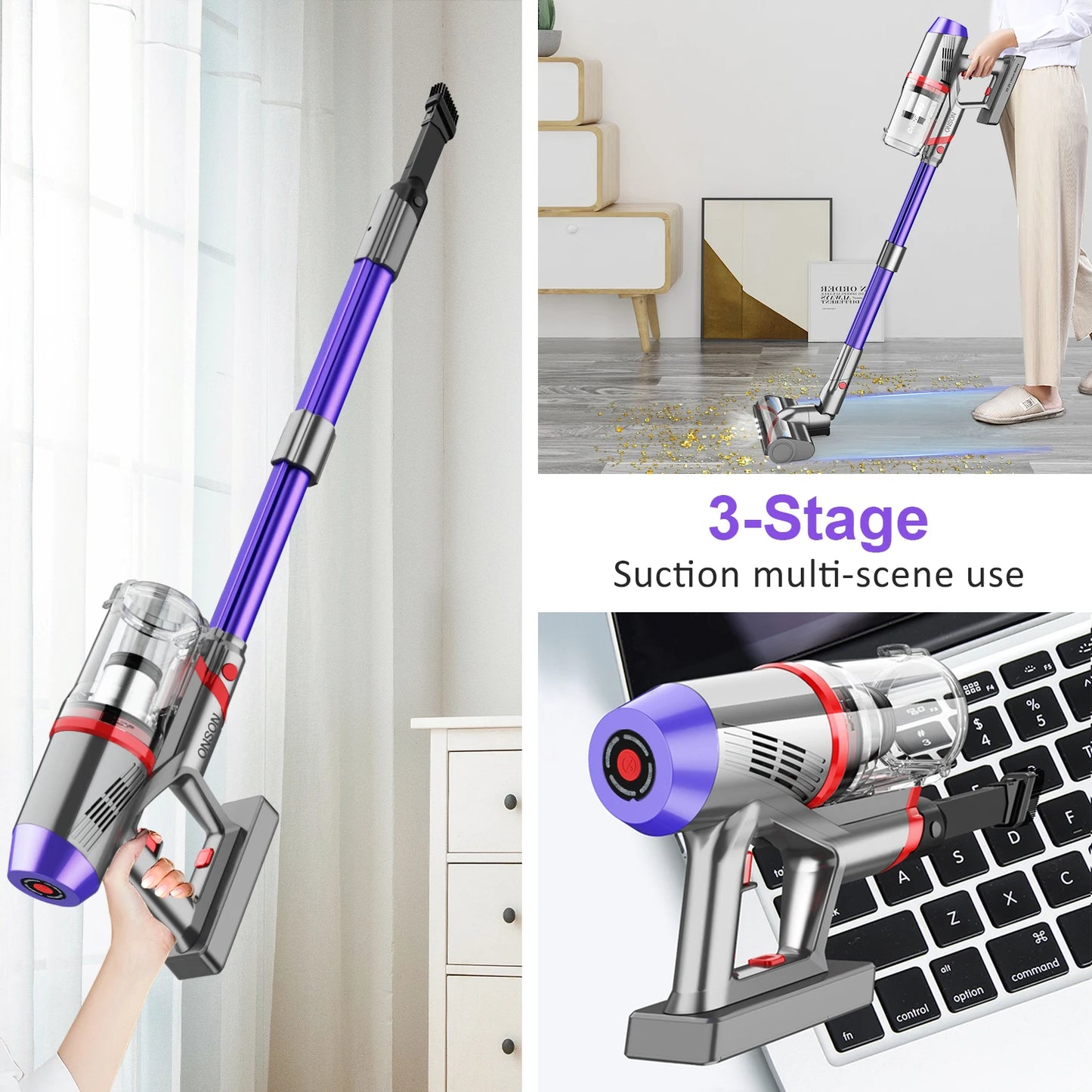 ONSON EV-696 Pro: Cordless Vacuum Cleaner with Telescopic Rod, Brushless with Powerful Suction of 20Kpa and 3 Speeds Rechargeable