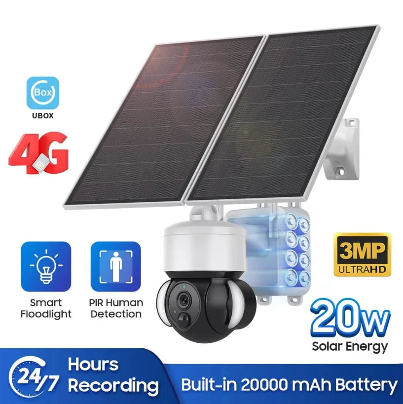 Ubox 3MP Solar Camera with 2.4G Wifi Router, Outdoor Floodlight, PTZ IP Surveillance, Solar Battery Powered Security Camera System