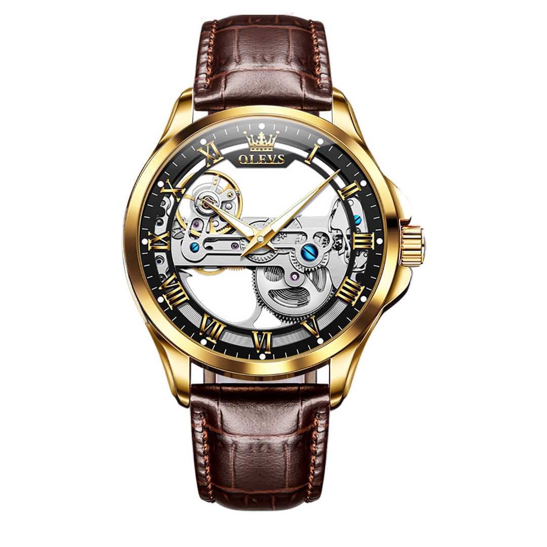 Montre de Luxe automatique tourbillon bracelet en cuir OLEVS 6661 - YokaShop