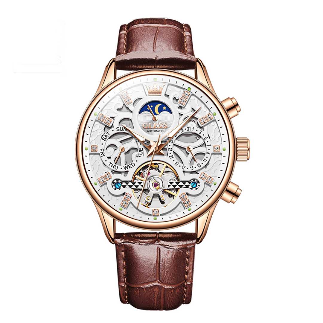 Montre de luxe automatique squelette  tourbillon bracelet en cuir  Olevs 6658 - YokaShop