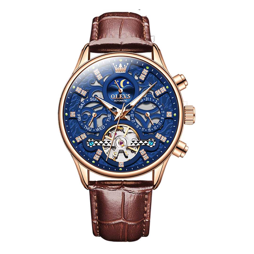 Montre de luxe automatique squelette  tourbillon bracelet en cuir  Olevs 6658 - YokaShop