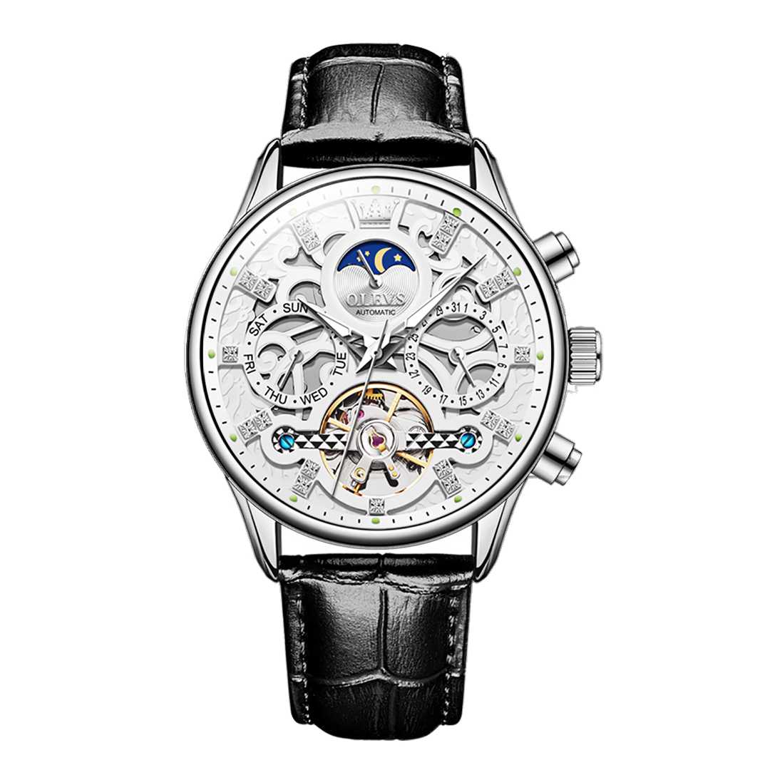 Montre de luxe automatique squelette  tourbillon bracelet en cuir  Olevs 6658 - YokaShop