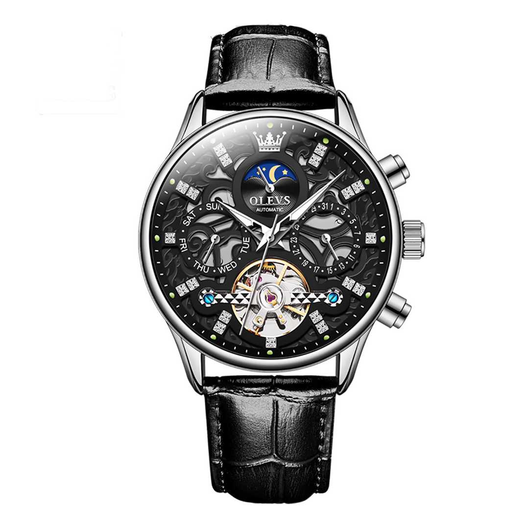 Montre de luxe automatique squelette  tourbillon bracelet en cuir  Olevs 6658 - YokaShop