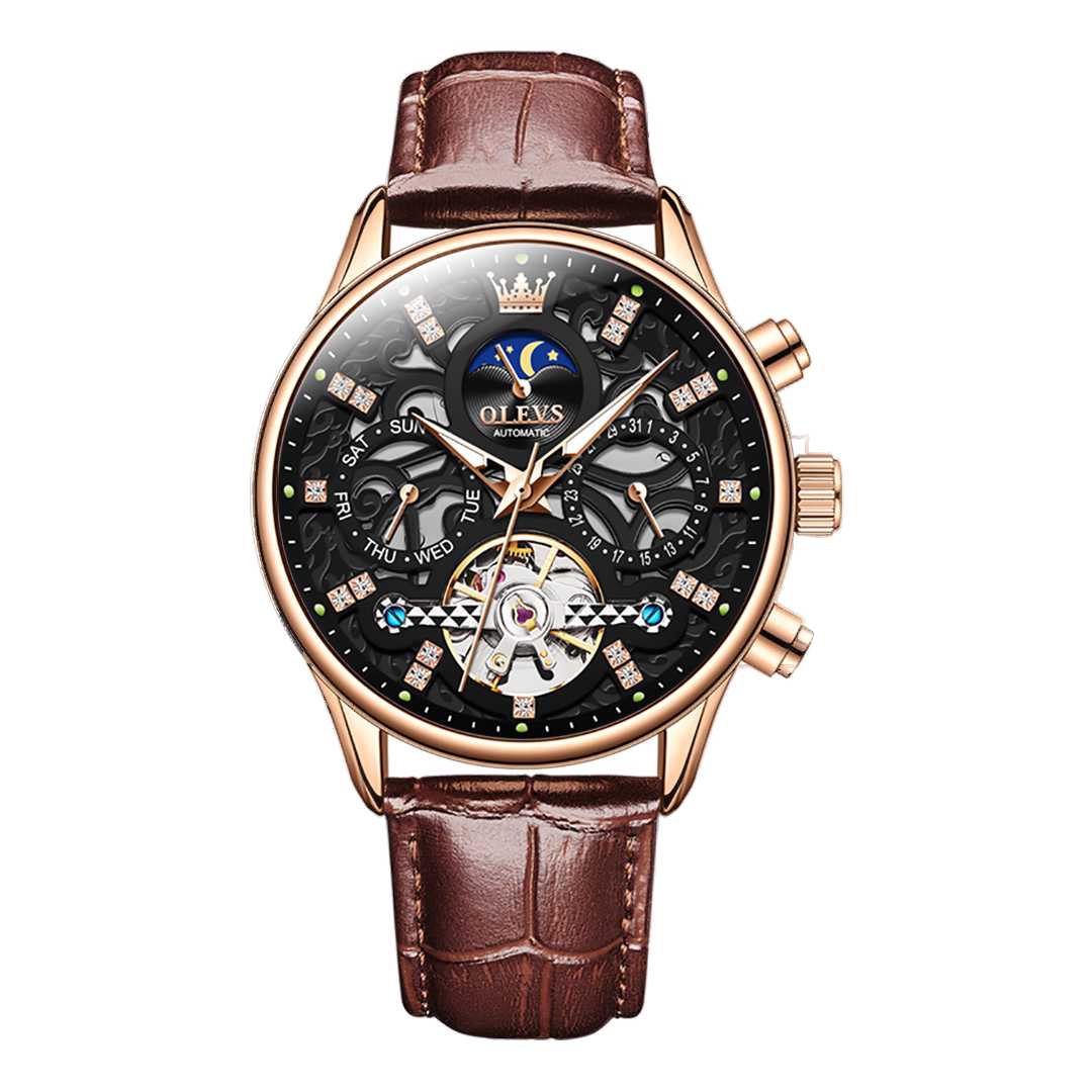 Montre de luxe automatique squelette  tourbillon bracelet en cuir  Olevs 6658 - YokaShop